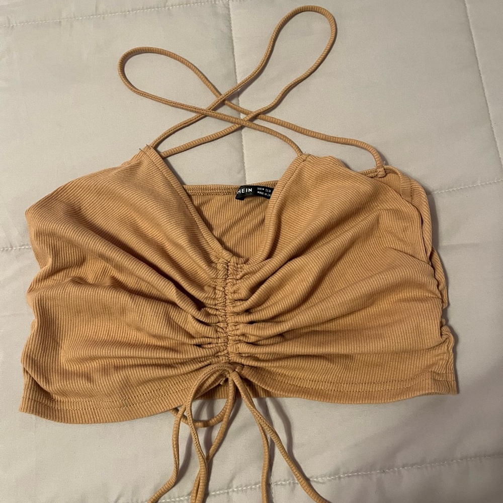 Tan cross over cropped top with ties
